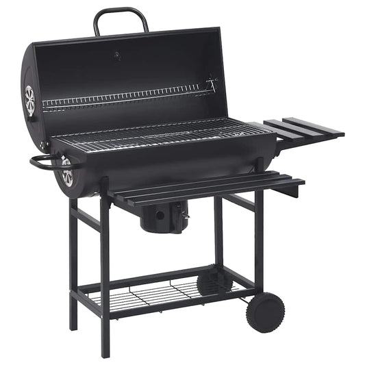 2026 Grill z kółkami i półkami, czarny, stalowy, 115 x 85 x 95 cm, grill zewnętrzny