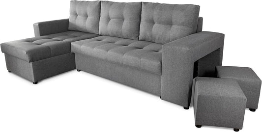 NAWSTOL - Sofa narożna Leon z funkcją spania i skrzynią na pościel – nowoczesna sofa do salonu – możliwość montażu z lewej lub prawej strony (szara + biała sztuczna skóra)(jasnoszary)