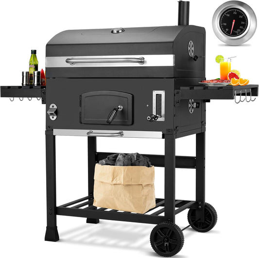 Grill węglowy XXL, grill węglowy z kominem i pokrywą, grill z wózkiem, wędzarnia z kółkami i termometrem, duży grill węglowy na kemping i do ogrodu(XXL)